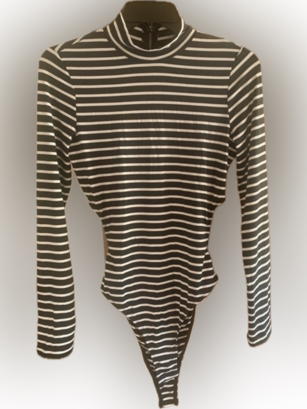 Size Large Striped Black and White Long-Sleeve Mock Neck with back out Bodysuit